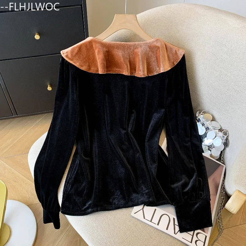 Kerstmis Nieuwjaar Ruches Tops Blouses Nieuwe vrouw Herfst Winter Basics Lange mouw Leuke zoete meisjes Effen Retro Vintage shirts