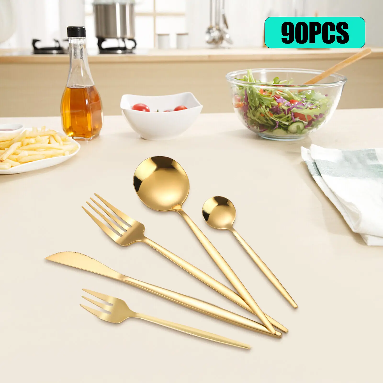 90pcs/Set Gold Silverware 410 Stainless Steel Flatware Sets Dishwasher Safe