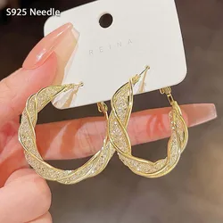 Silver Needle Hoop Earrings for Women Crystal CZ 18k Gold Plated Twisted Round Female Earrings Hypoallergenic
