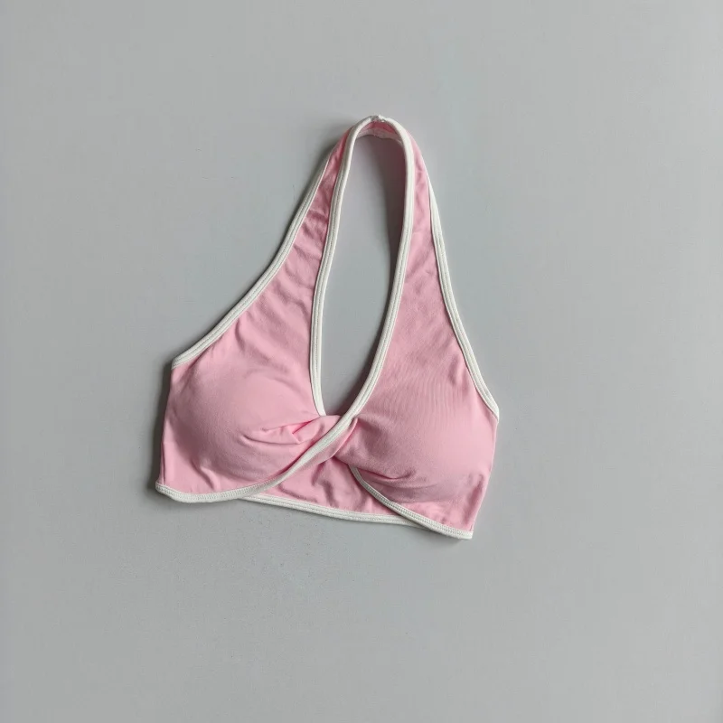 Damen-Yoga-BH mit Halterneck und Farbblock-Design, herausnehmbare Brustpolster, schnelltrocknendes Sport-Top für das Training. – Detail 9
