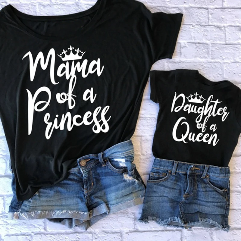 Mother Kids Family Matching Outfits Shirts Mama of A Princess Daughter of A Queen Mama and Girls Fashion T-shirt