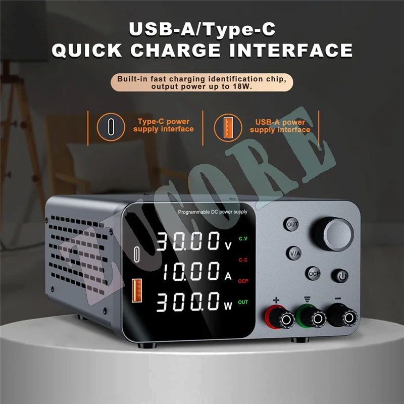 B43C 30V 10A مصدر طاقة مقعد إمدادات طاقة متغيرة مع إخراج تمكين/زر USB & Type-C شحن سريع (قابس أمريكي)