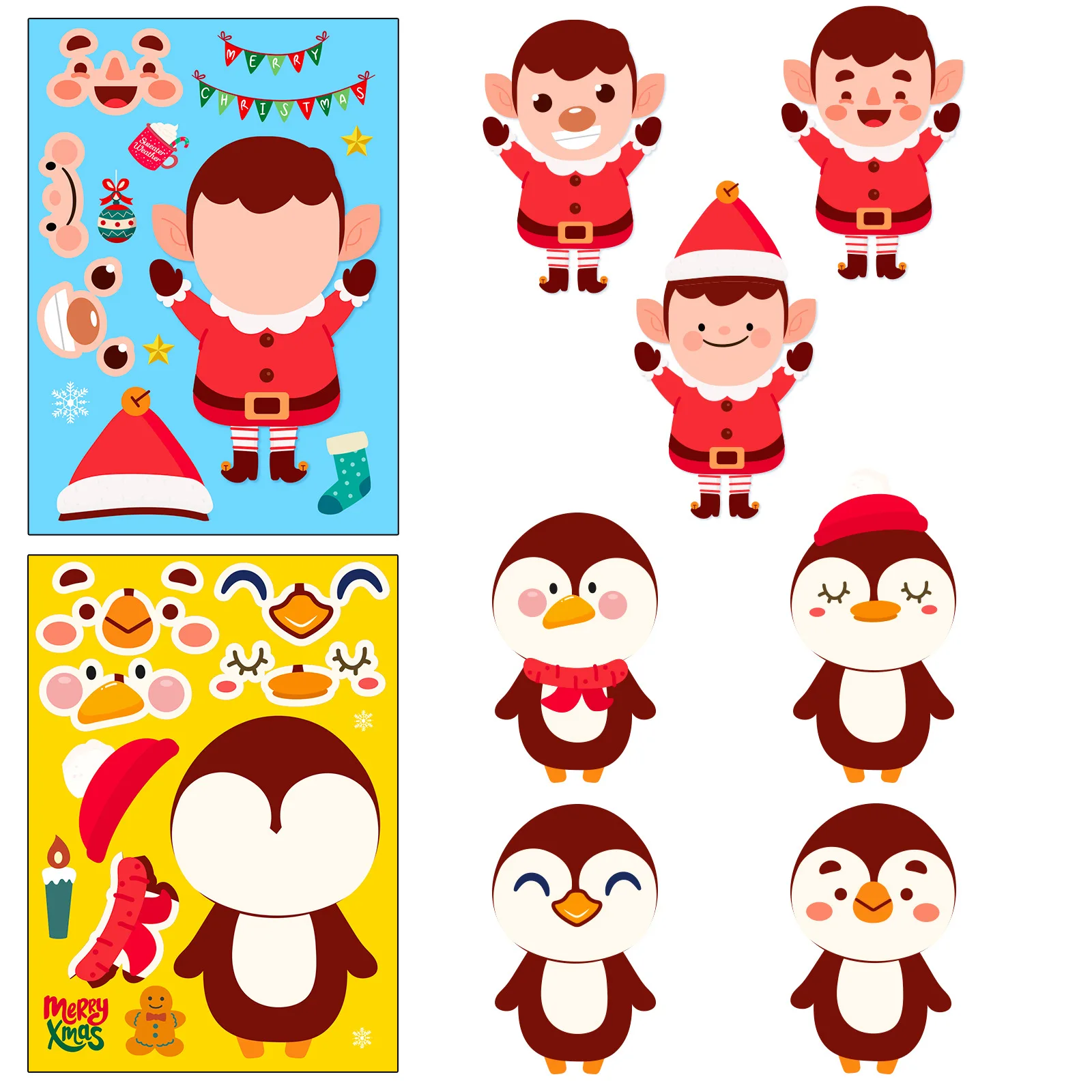 6 Sheets Children DIY Puzzle Sticker Santa Christmas Snowman Face Assemble Stickers Kids Toys Boys Girls Gifts