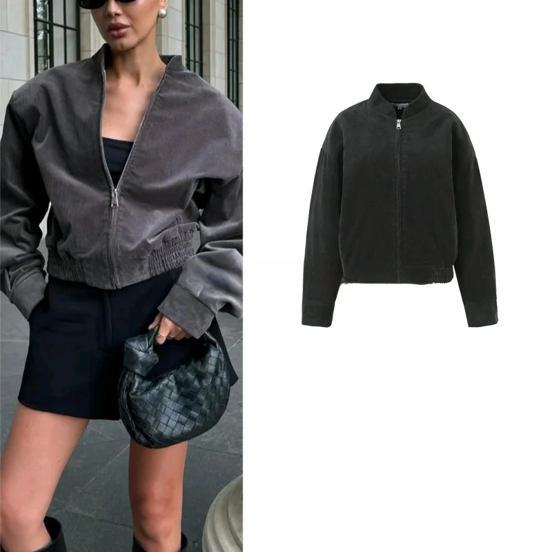 

Осеннее новое женское винтажное свободное длинное вельветовое пальто с воротником-стойкой на молнии, верхняя одежда Faion Ladies ort Coat