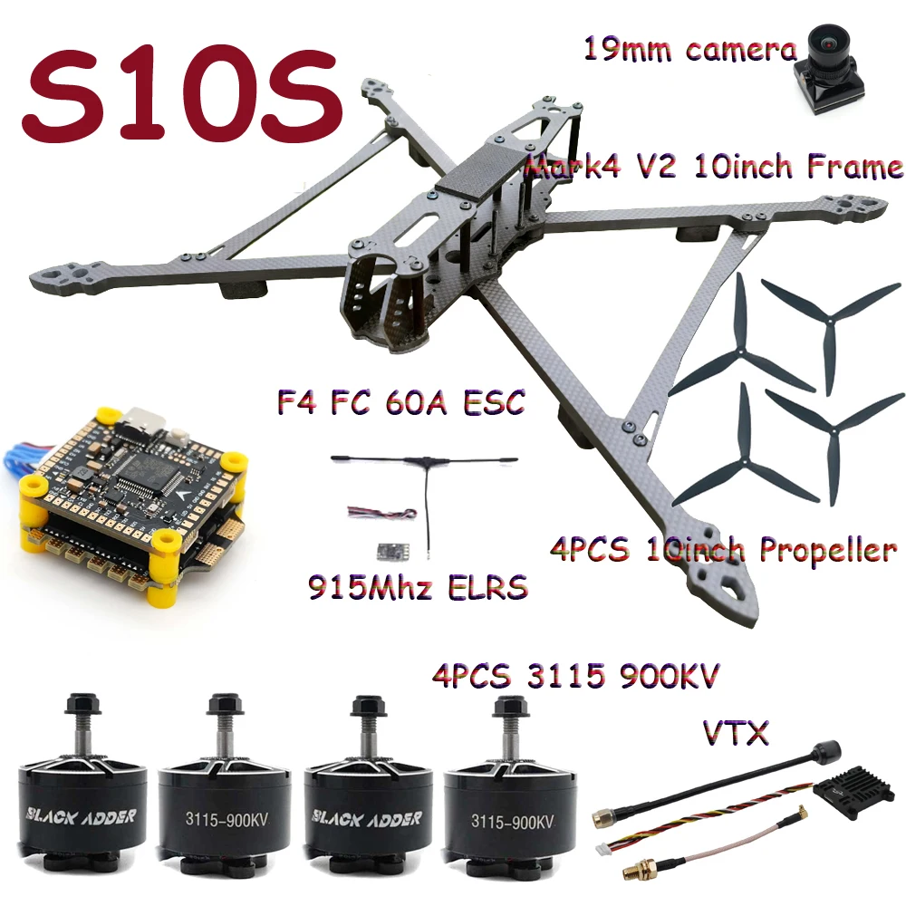 Mark4 V2 10 inch FPV Frame Combo Set F405 V3S FC 60A 4-in-1 ESC 3115 900KV Motor Propeller ELRS voor RC FPV Freestyle Racing Drone