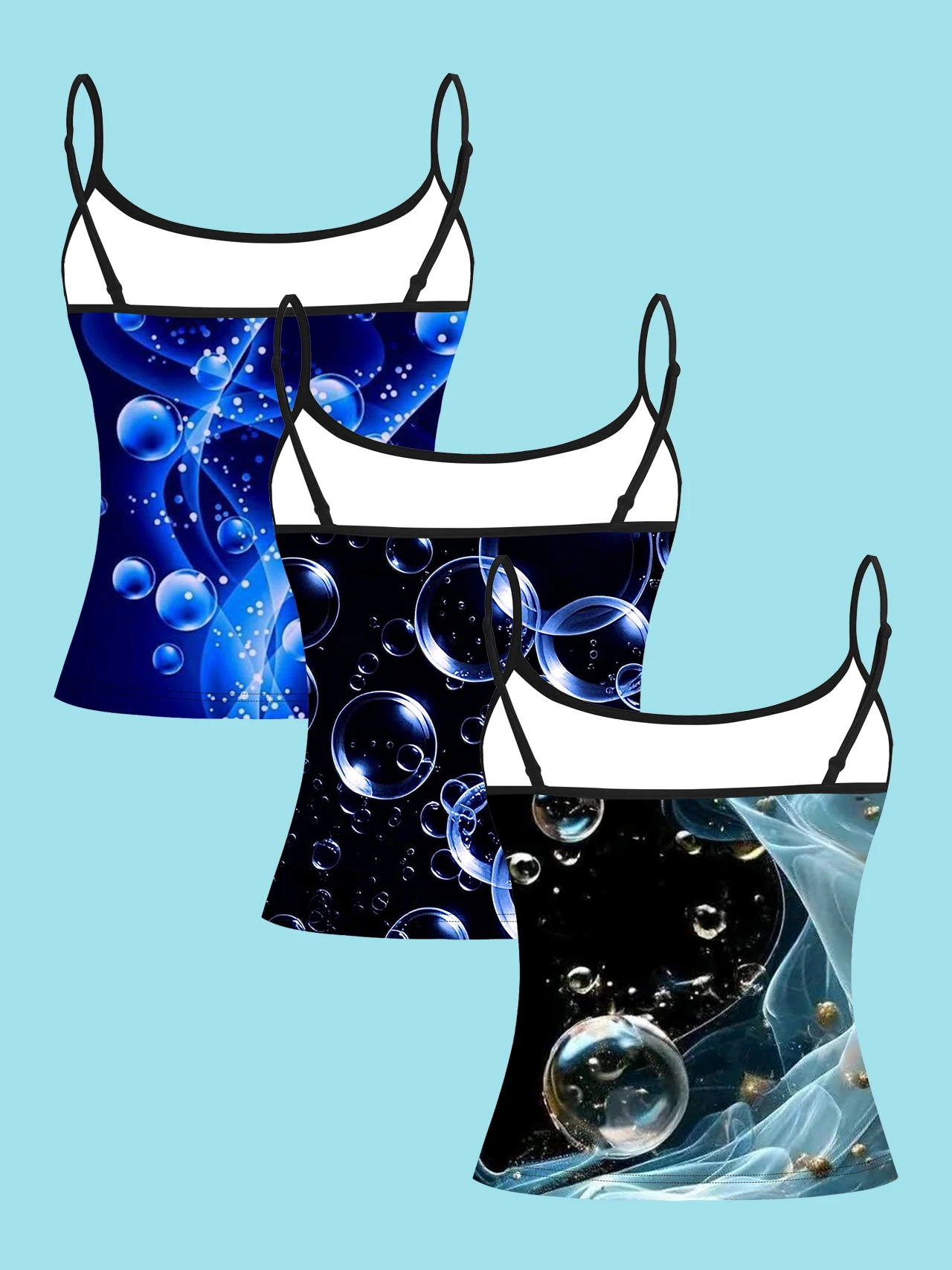 3-Pack Blue Transparent Bubble Smoke Print Thin Camisole Tank Top, Black Base Iridescent Abstract Slim-Fit Sleeveless Top, Y2K Cyber Fairy Style Inner and Outer Wear Base Shirt