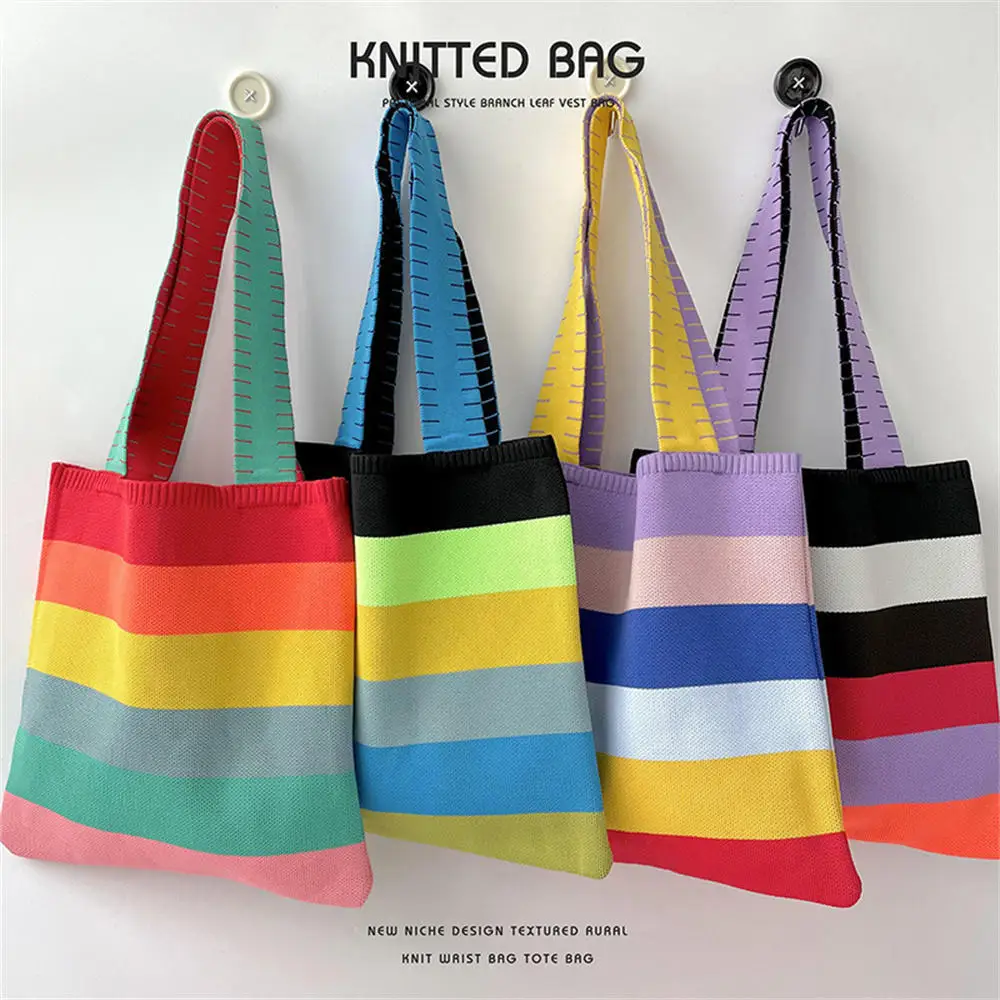 Rainbow Contrast Color Striped Handbag Y2k Korean Style Shoulder Bag Knit Eco Friendly Shopper Tote Handwoven Cute Beach Bag