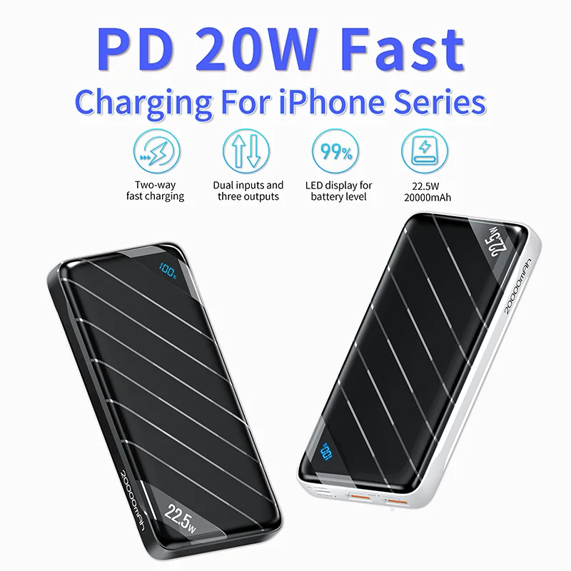 High Capacity PowerBank with LED Display, Outdoor Spare Battery, PD20W, Fast Charge, Bidirectional, Xiaomi, iPhone, 20000mAh