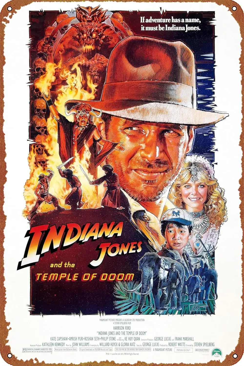 Póster de la película «Indiana Jones y el Templo del Apocalipsis». Letrero metálico de estilo retro. Letrero de hojalata de estilo retro, ideal para decorar cafeterías, bares o paredes de casa.