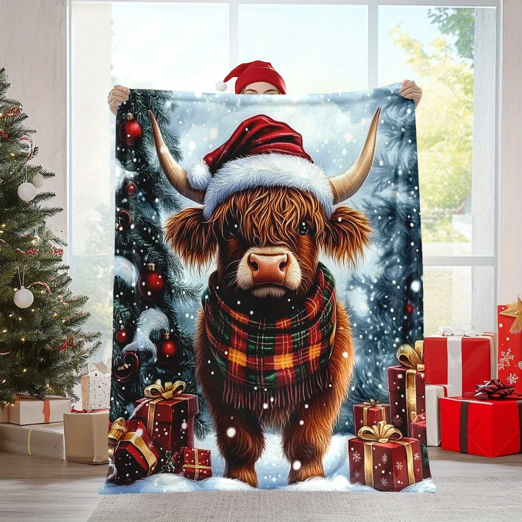 Christmas Highland Cow Gift Box Throw Blanket Soft Warm Cozy Winter Holiday Blankets For Sofa Couch Bed