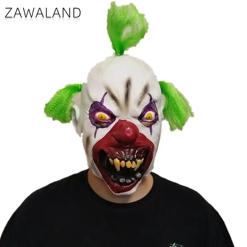 Zawaland Halloween Scary Clown Mask Green Hair Sharp Teeth Horror Cosplay Prop Party Costume Accessory Latex Disguise Headwear