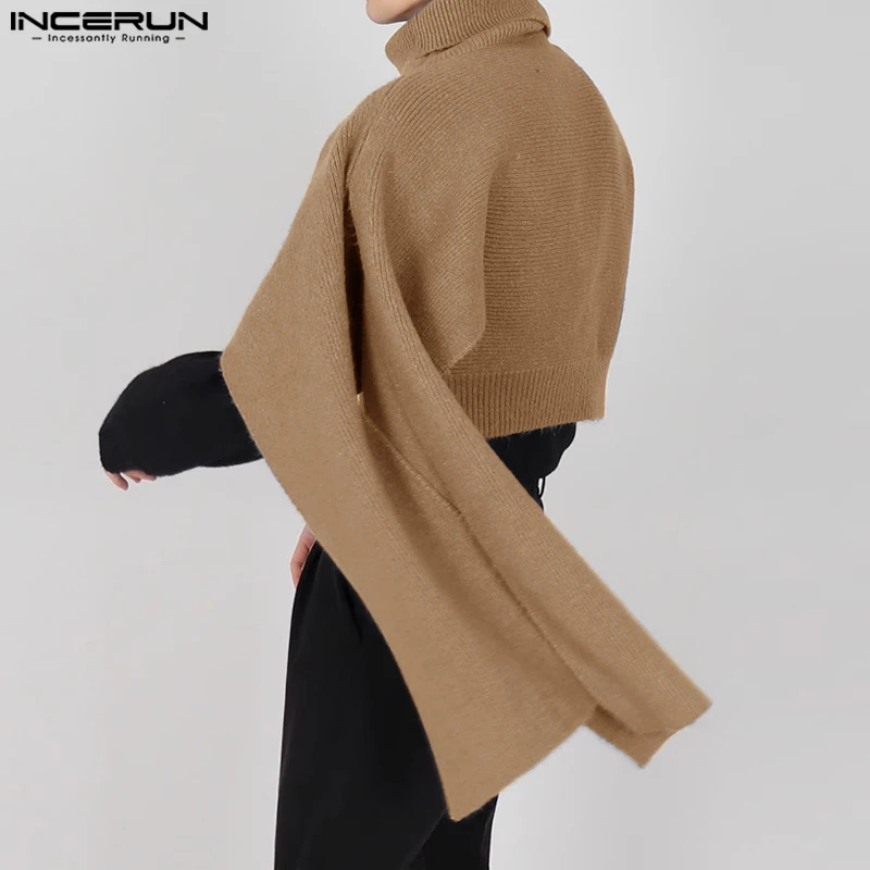 INCERUN Tops 2023 Korean Style Men\'s Cape Knitted High Necked Pullovers Stylish Irregular Cape Knitted Turtleneck Sweater S-5XL