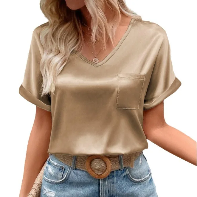 2025 تي شيرت نسائي من الساتان V-ne ket تي شيرت Roll ortsve L Autumn Faion تي شيرت ممتاز للسيدات مع كيت ولفائف orts #5