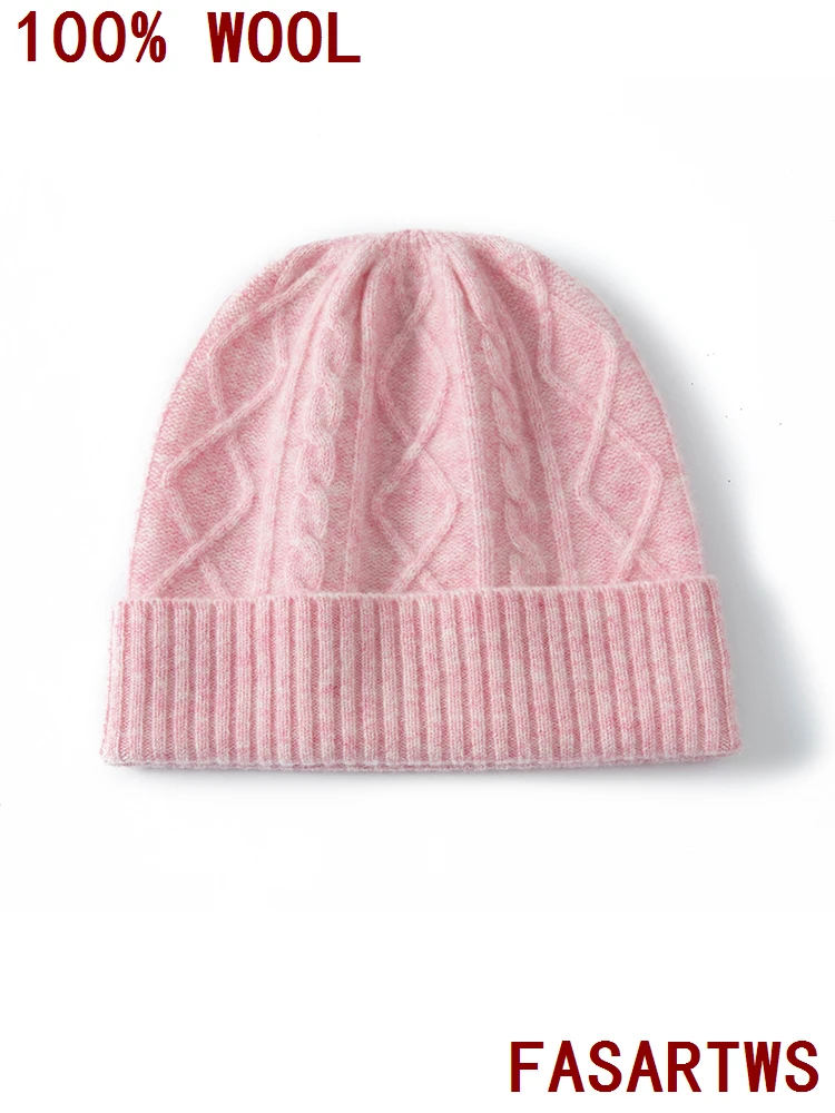 หมวกบีนนี่ หมวกผู้หญิง หมวกฤดูหนาว ใหม่ 100% ขนแกะออสเตรเลีย ถักลายแจ็คการ์ด นุ่ม อุ่น หมวกแฟชั่นลำลองสำหรับผู้หญิง หมวกหนา คุณภาพดี