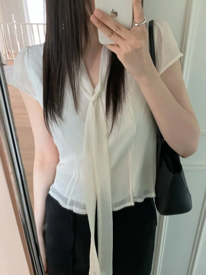 

Elegant Short Sleeve Chiffon Shirt Single Button Texture Sensation Beautiful Women's Korean Style Fashion Summer Blouse