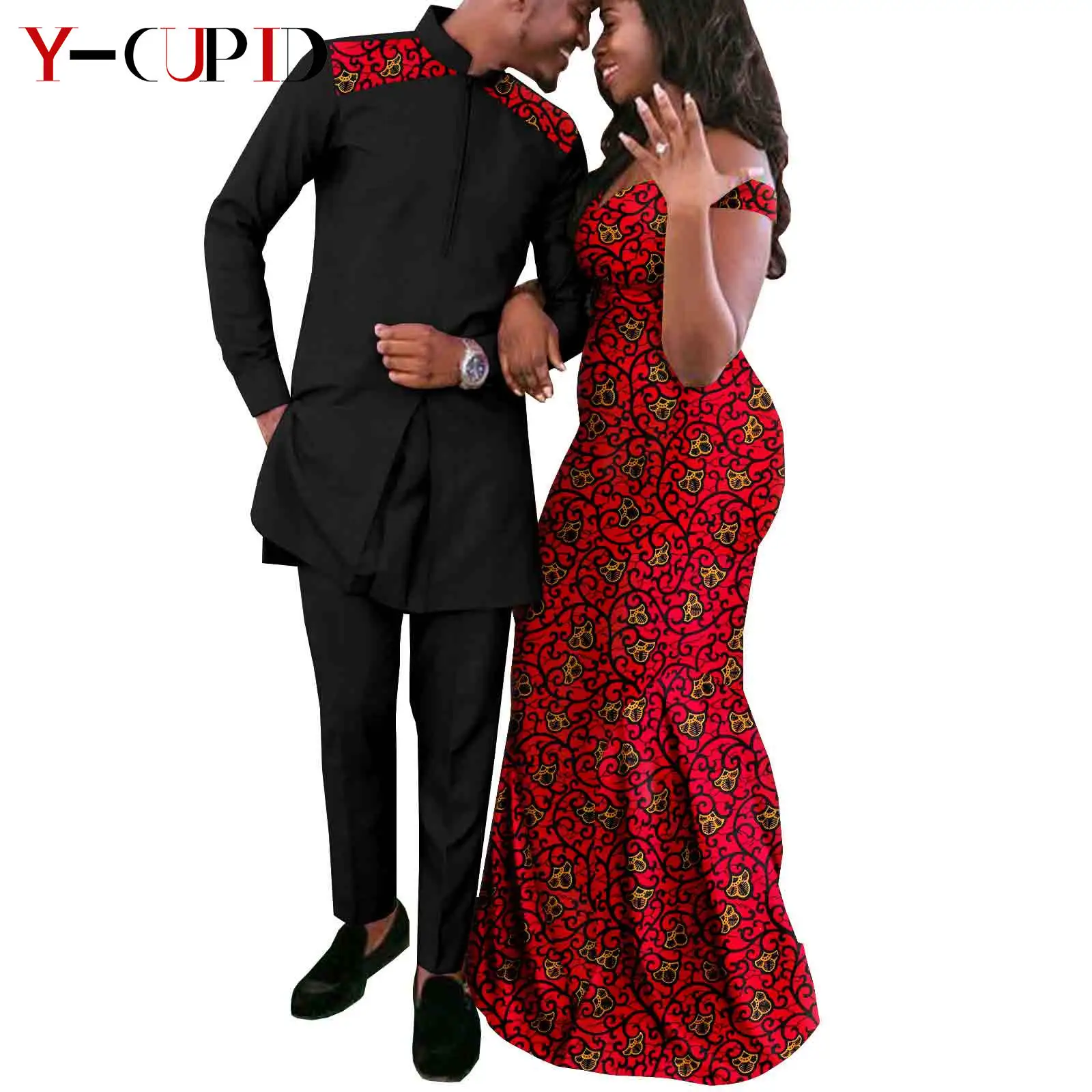 African Couple Clothes Dashiki African Print Long Dresses for Women Matching Men Outfits Patchwork Jackets and Pant Sets Y22C044