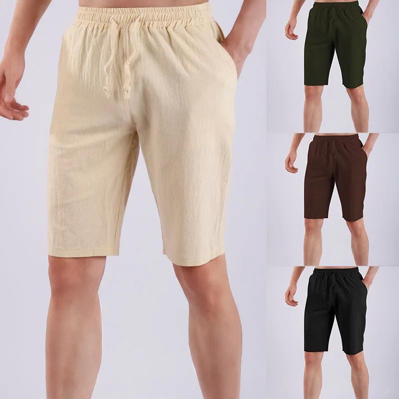 Men's Medieval Elastic Waist Capris Summer Loose Linen Breathable Capris Medieval Quick Drying Pants Men's Shorts