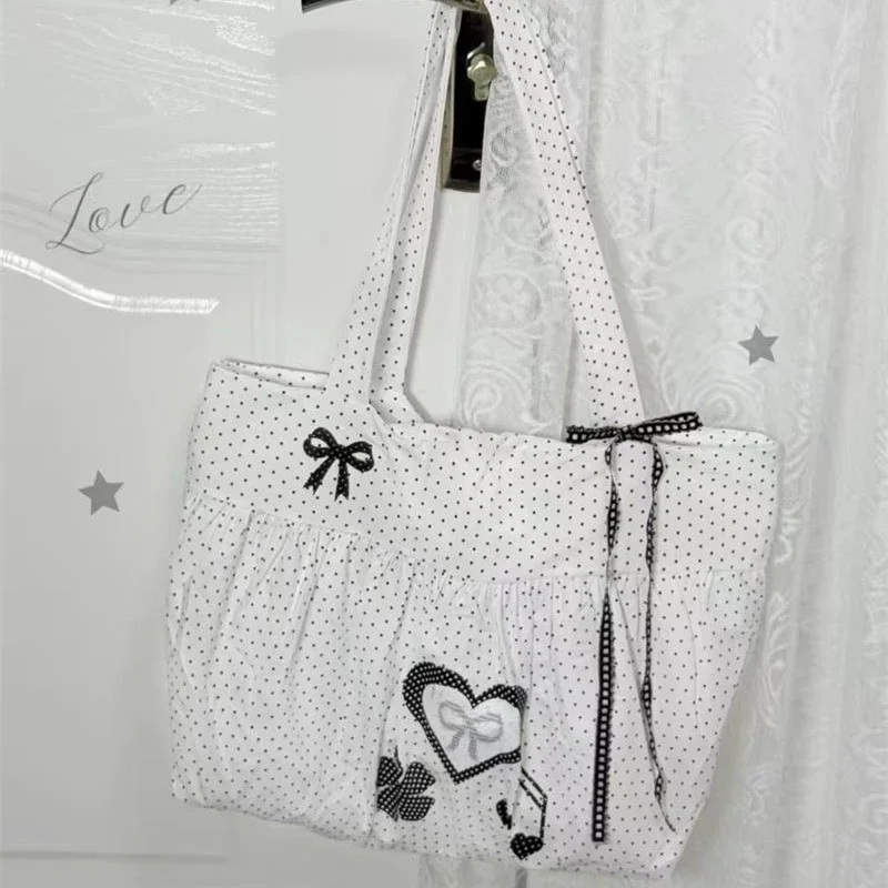 Koreanische Polka Dot Umhängetasche Niedliche Schleife Engelsflügel Design Handtasche Damenmode Pendeln Einkaufstasche Retro Kontrast Einkaufstasche – Detail 14