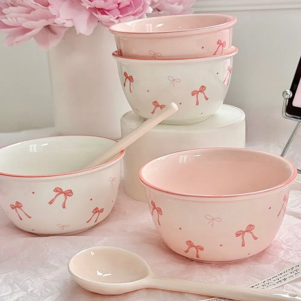 Pink Bow Rice Bowl,Ceramic Bowls Spoons Plates Underglaze Color High Value Tableware Dessert Bowl Set Unique Serving Plate