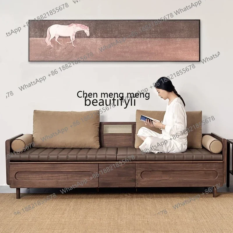 New Chinese-style North American black walnut solid wood sofa leather three-person Arhat bed modern, living room furniture