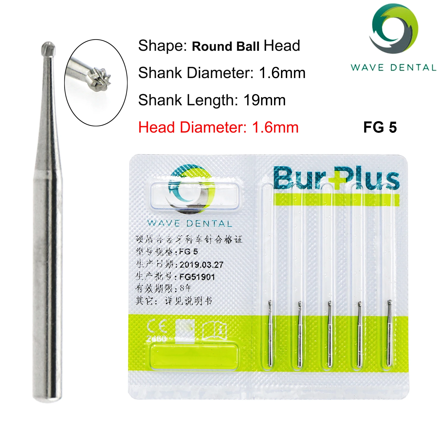 PRIMA WAVE Dental Erdbeeren Hartmetallbohrer Bohrer Rund Typ FG Serie für Hochgeschwindigkeitshandstück Durchmesser 1,6 mm 5 Stück/Packung