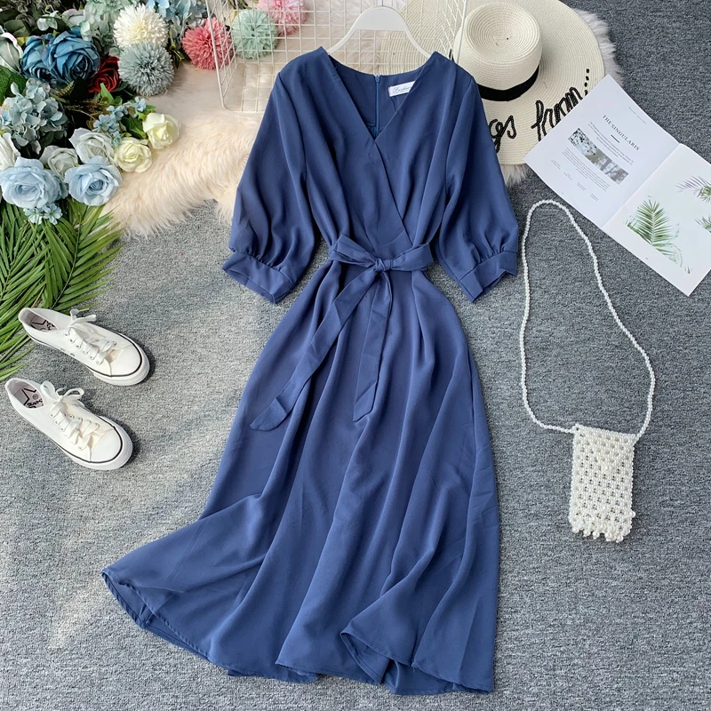 Vestido de praia longo com decote em v feminino, vestido vintage boho, manga lanterna bandagem, vestido de festa, vestidos elegantes casuais, verão, sólido