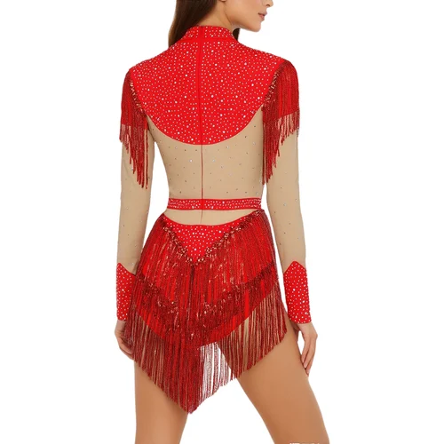 Imagen 2 del producto Body de patinaje artístico para mujer, borla de lentejuelas con diamantes de imitación, manga larga, cremallera trasera, vestido de leotardo de Color contrastante para baile latino Chacha