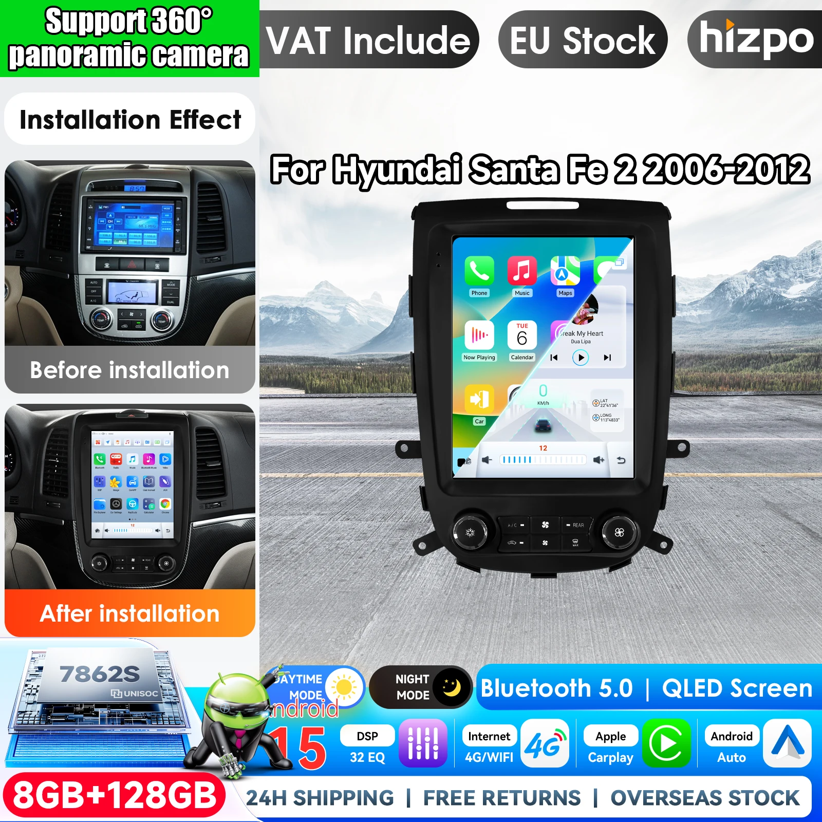 Hizpo 9,7 pollici, autoradio in stile Tesla per Hyundai Santa Fe 2, modelli 2006-2012, con Android Auto, 4G, CarPlay wireless, DSP, lettore multimediale, sistema stereo 2DIN, navigazione GPS, sistema