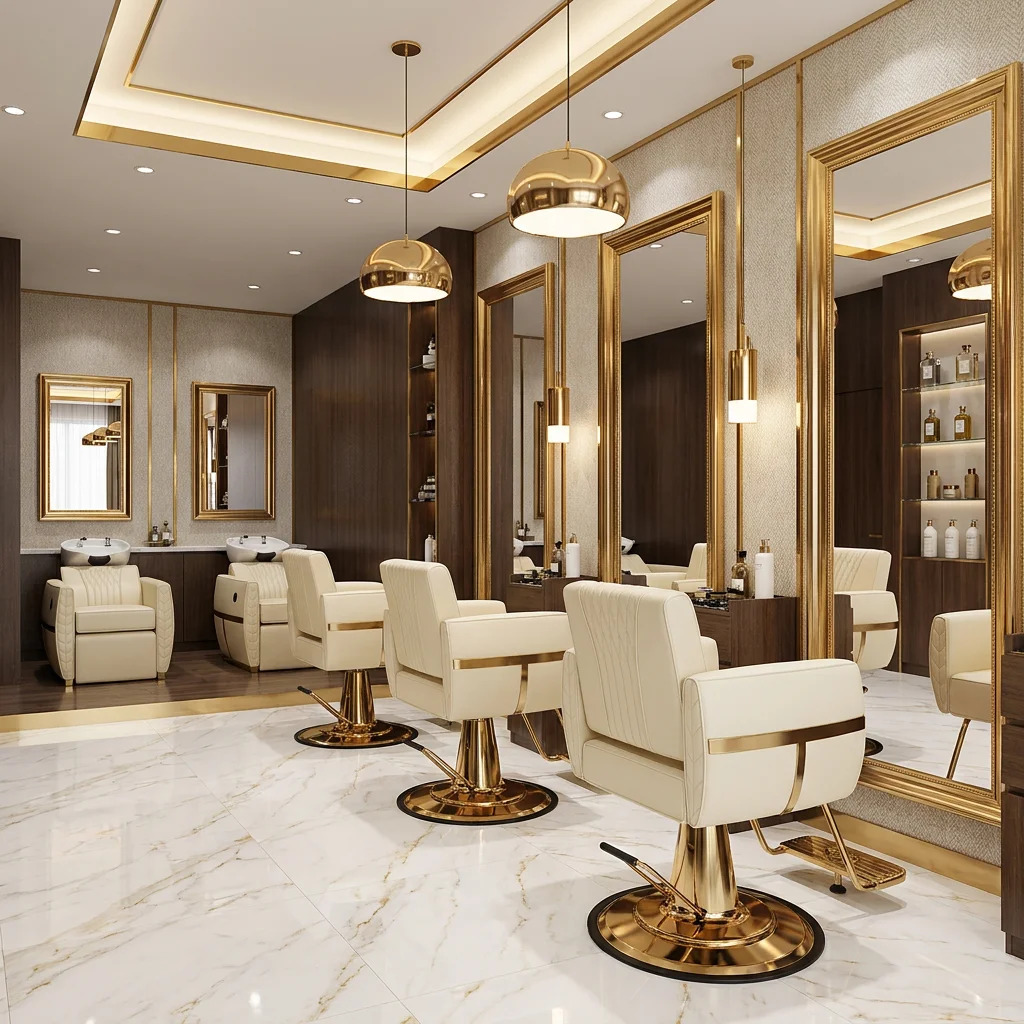 Durable hydraulic leather barber chair with gold base, 360-degree rotation, height adjustable, modern design,