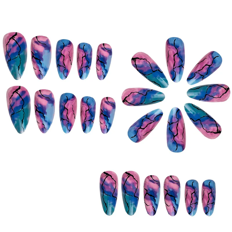 Press on Nails Medium Almond Shaped Colorful Smudge Marbling Design French False Nails Artificial Acrylic Nails Glossy Nails