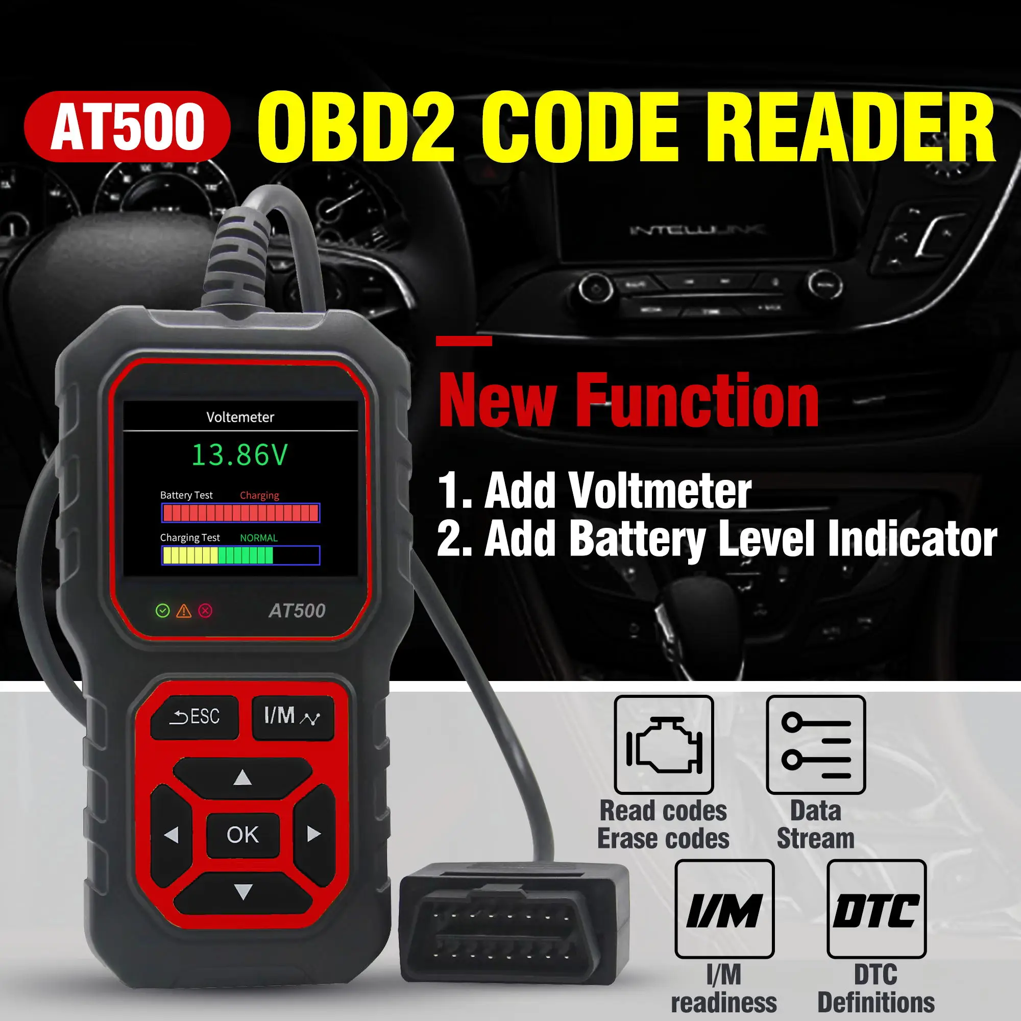 AT500 OBD2 Scanner Professional Car Diagnostic Tool EOBD Code Reader with Live Data Stream Freeze Frame for All 1996+ OBDII Cars