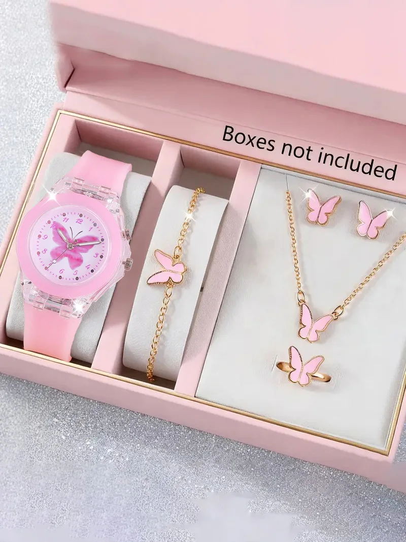 Conjunto de joyería y reloj de mariposa para niños, regalo de cumpleaños, kit de accesorios con tema de mariposa lindo unisex para niños (sin caja incluida)