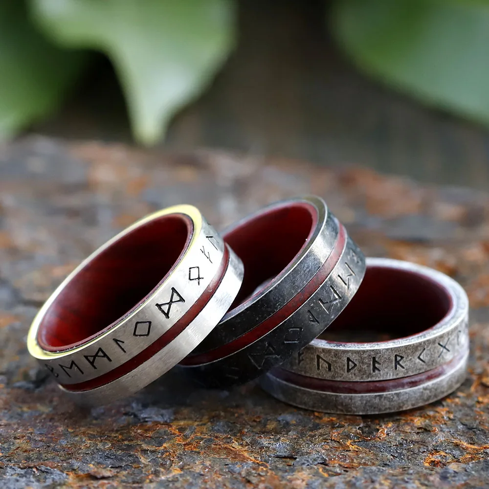 2023 NEW Wholesale 316L Stainless steel Odin Norse Viking Amulet Rune Men Ring Fashion Words Red veneer Rings Jewelry Gift