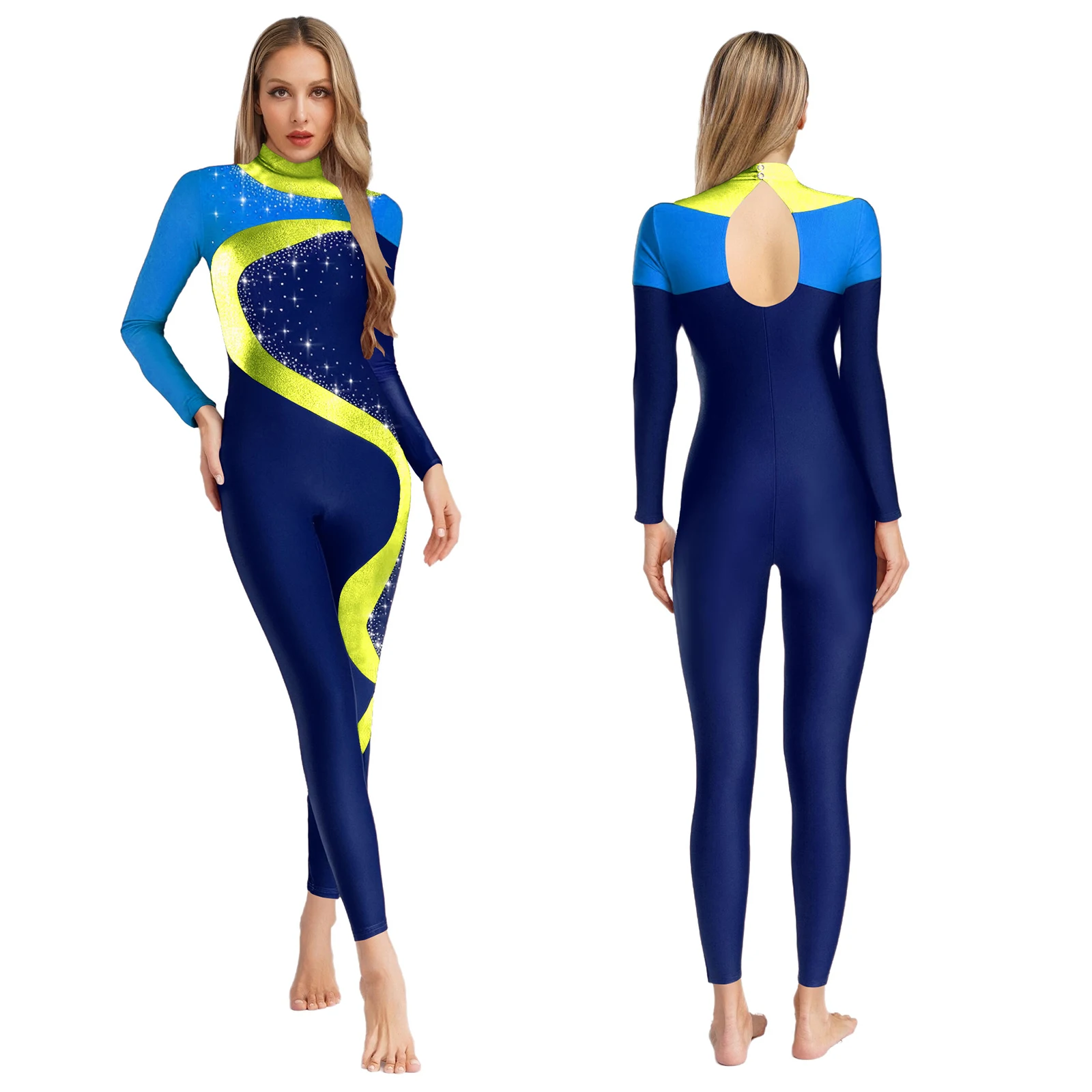 

Women Rhinestones Gymnastic Jumpsuits Costume Long Sleeve Leotards Skating Ballet Dance Tights Full Body Suit Rhythmic Dancewear