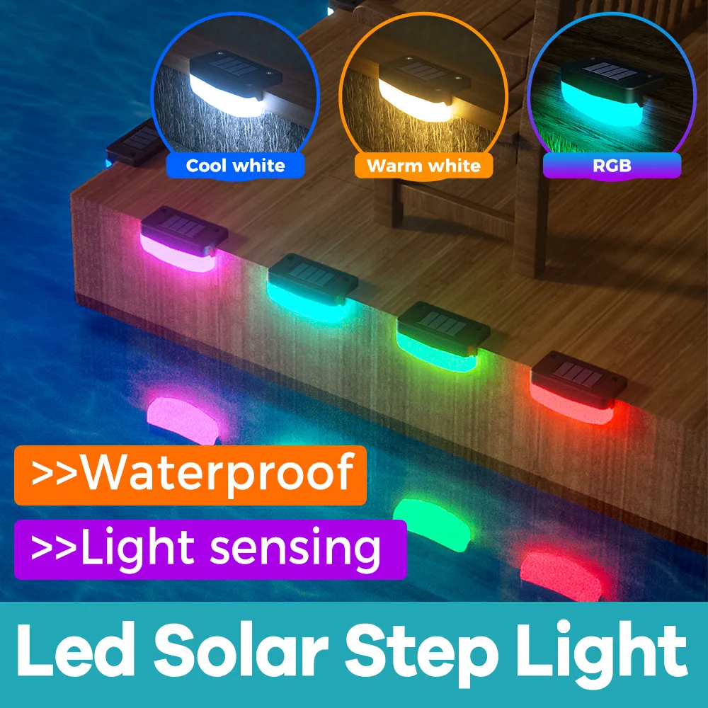 Solar LED Step Lamp Outdoor Waterproof Stairs RGB Deck Lights Garden Courtyard Railing Fence Atmospheric Decoration Lighting