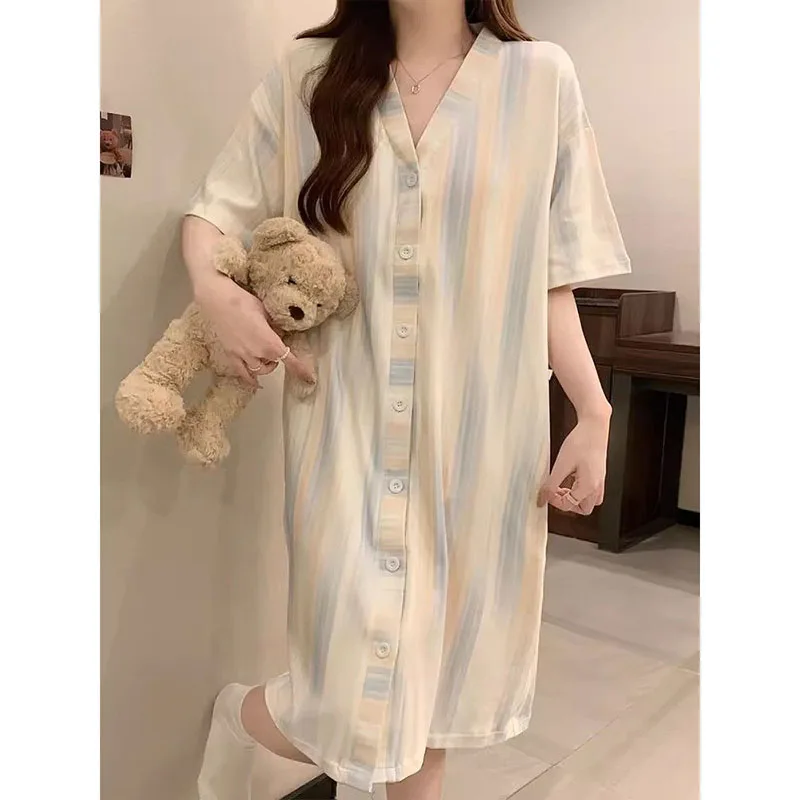 Striped Women Nightgown Summer Korean Sleepwear V-neck Night Dress Button One Piece Pajamas Short Sleeve Loose Home Wears 2024