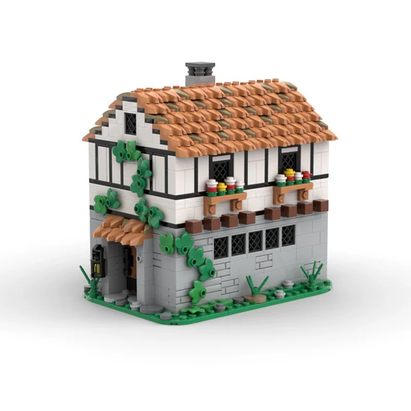 Bloques de construcción de taberna medieval MOC- 129454   Castillo arquitectura escena callejera decoración ensamblaje modelo rompecabezas juguete regalo de cumpleaños