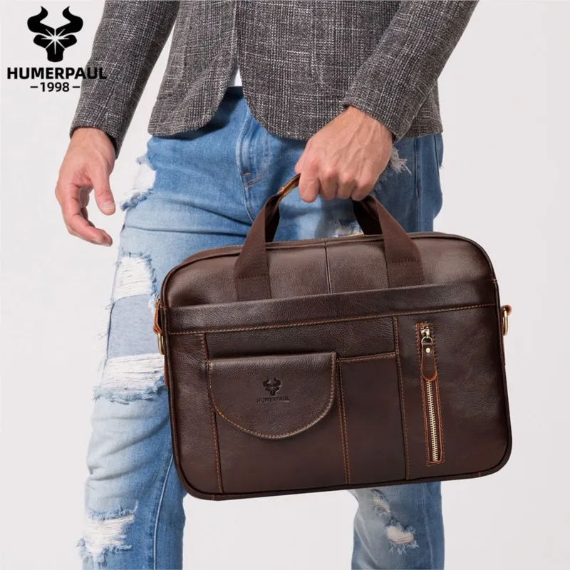 High-End Genuine Cowhide Laptop Tote Briefcase for Men Business-Style Single-Shoulder Crossbody Bag for Daily Commuting to Work