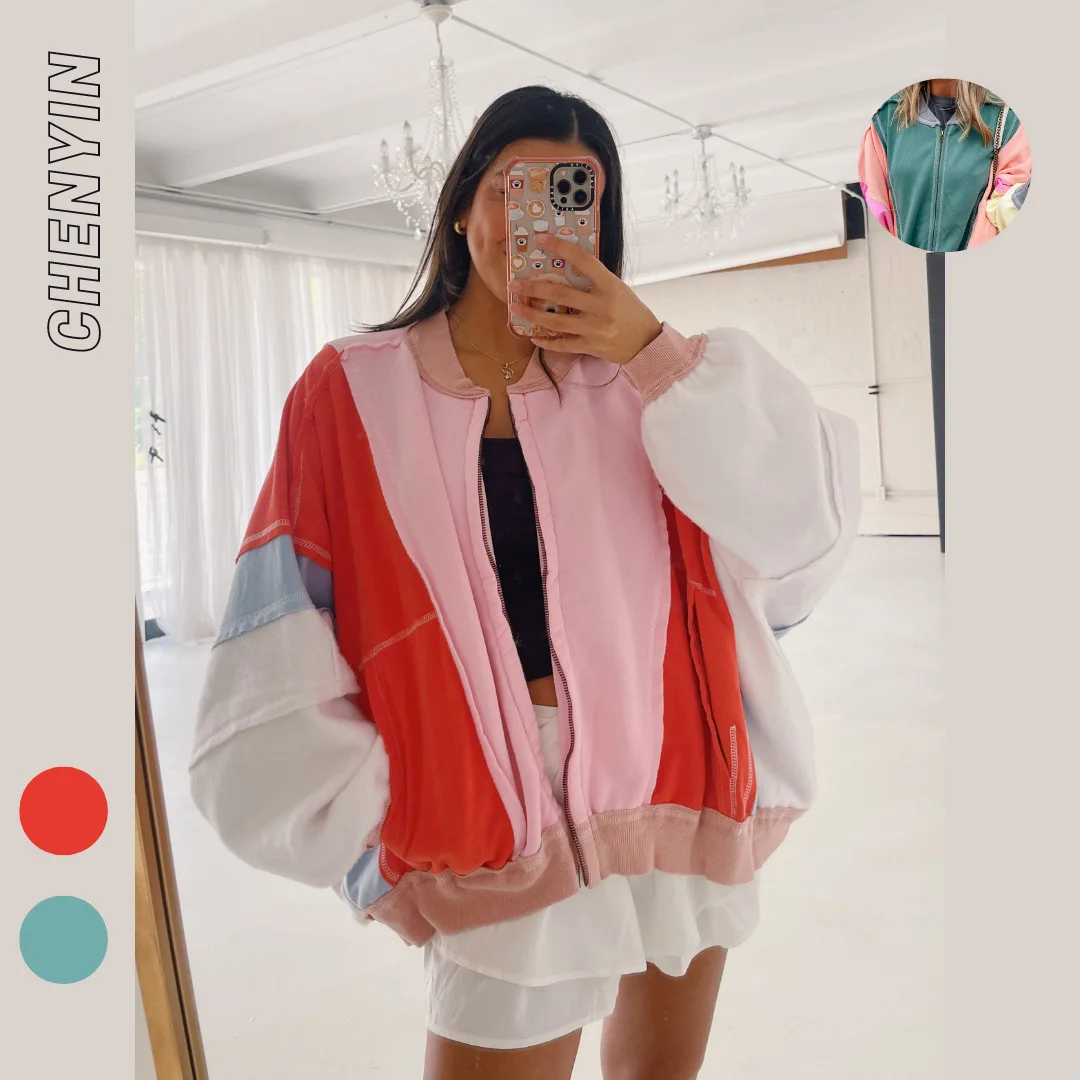 European and American New Fashion Rainbow Spell Color Baseball Jacket, Women Spring/autumn Loose Casual Patchwork Zipper Jacket