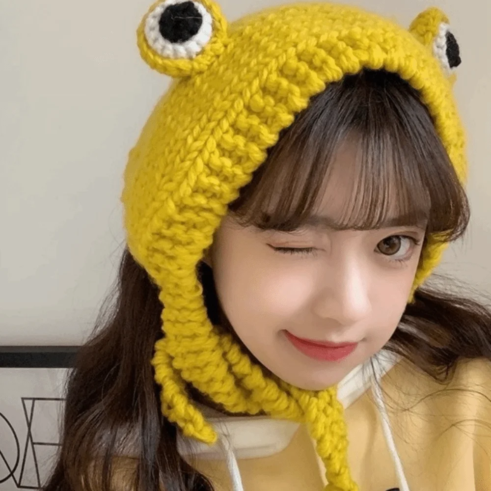 Gift Idea Cute Knitted Frog Hat Warm Korean Style Women Beanie Hat Knitted Warm Hat Cap Autumn Season
