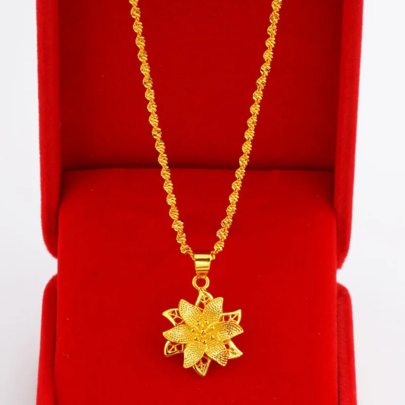 Chinese Style Sand Gold Lily Flower Water Wave Pendant Necklace Exquisite Light Luxury Fashion Jewelry For Women Gift