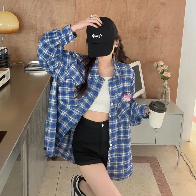 

Синяя клетчатая рубашка оверсайз для женщин, свободная, с длинным рукавом, в повседневном стиле, весна-осень, новинка, модный топ для женщин