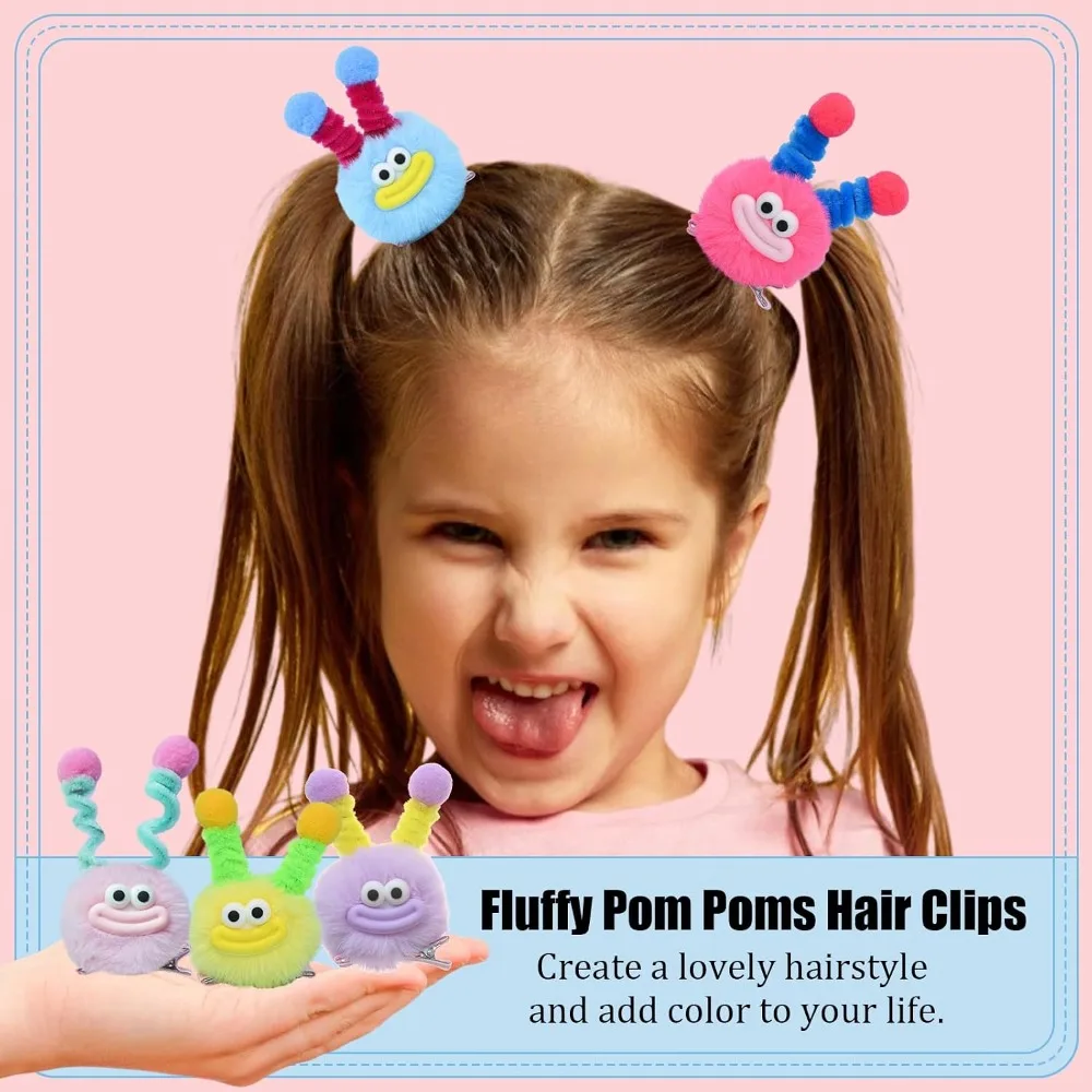Fluffy Pom Poms Hair Clips, Crazy Hair Day Accessories, Quirky Little Monster Barrettes, Plush Duckbill Hairpins, Party Hair Accessories, 5 Pairs view 3
