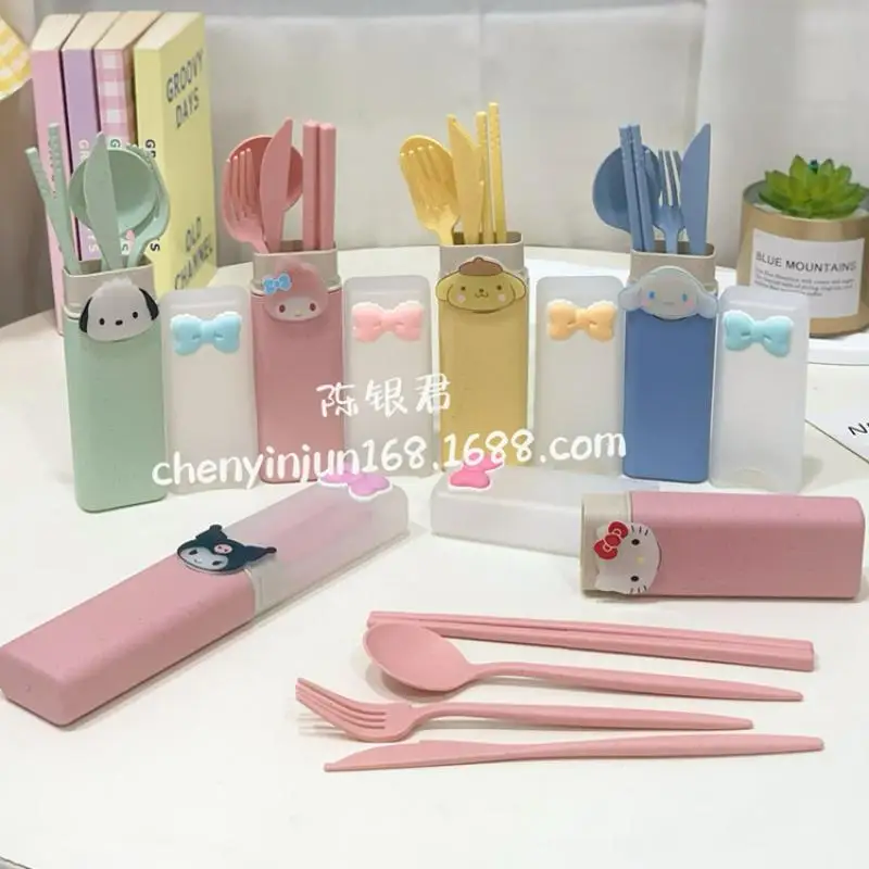 Sanrioed Kuromi My Melody Tableware Set Girly Heart Kawaii Knife Chopsticks Fork Spoon Wheat Straw Pp Tableware Four-Piece Gifts