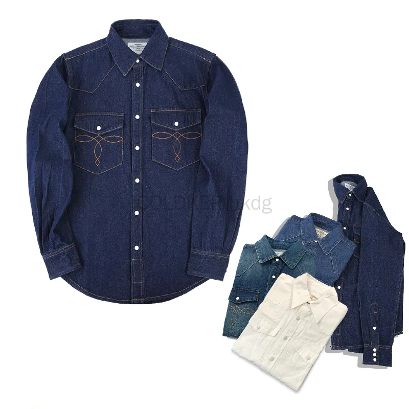 

Темно-синие джинсовые рубашки с длинными рукавами в стиле ретро, однобортный воротник с лацканами, повседневные хлопковые мужские блузки в стиле вестерн, весенне-осенние блузки