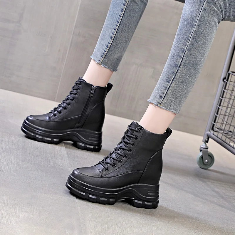 Fujin 9cm Genuine Leather Platform Wedge Mid Calf Ankle Motorcycle Booties Non Slip Hidden Heel Women Zipper Autumn Winter Shoes