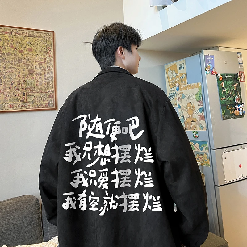 

Men's Oversized Jackets Chinese character Print Coat 5XL Pu Leather Casual Wear Autumn Jacket Unisex Clothes Outerwear