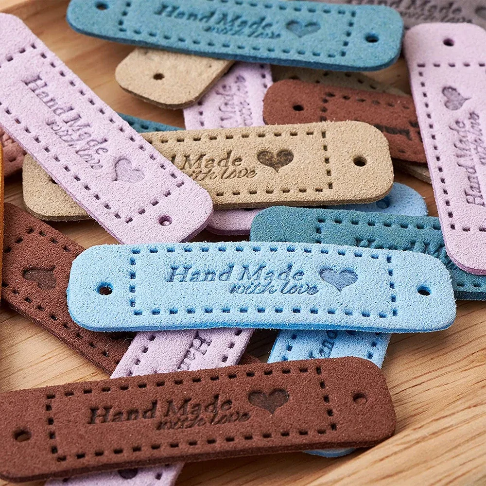 20/50PCS Handmade with Love Heart Leather Tag Labels Embossed Tags with Holes Sewing Tags DIY Sewing Crochet Garment Supplies