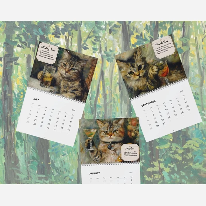 A23F-2025 Kalender Koktail Kucing 2025 Kalender Dinding Jam Meow-Tail - Catart, Hadiah untuk Pecinta Kucing, Kalender Natal