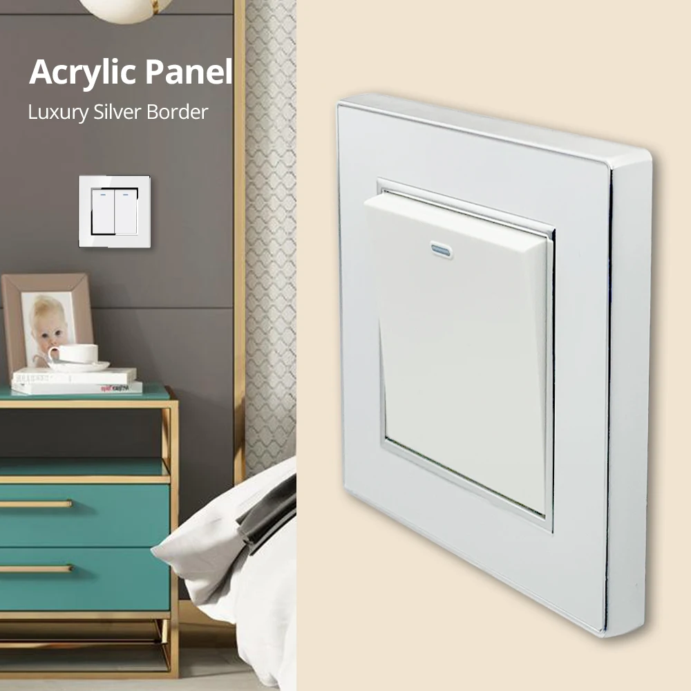 Wallpad 1 2 3 Gang 2 Way With LED Wall Light Switch and EU Electric Outlet With USB White Acrylic Panel With Silver Border